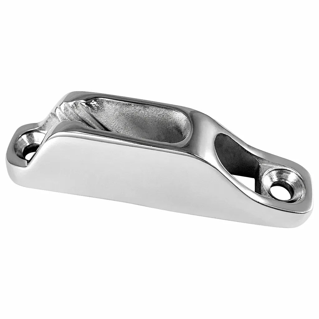 High-angle view of a marine-grade 316 stainless steel clam cleat with a mirror-polished finish and precision-toothed groove on a white background.