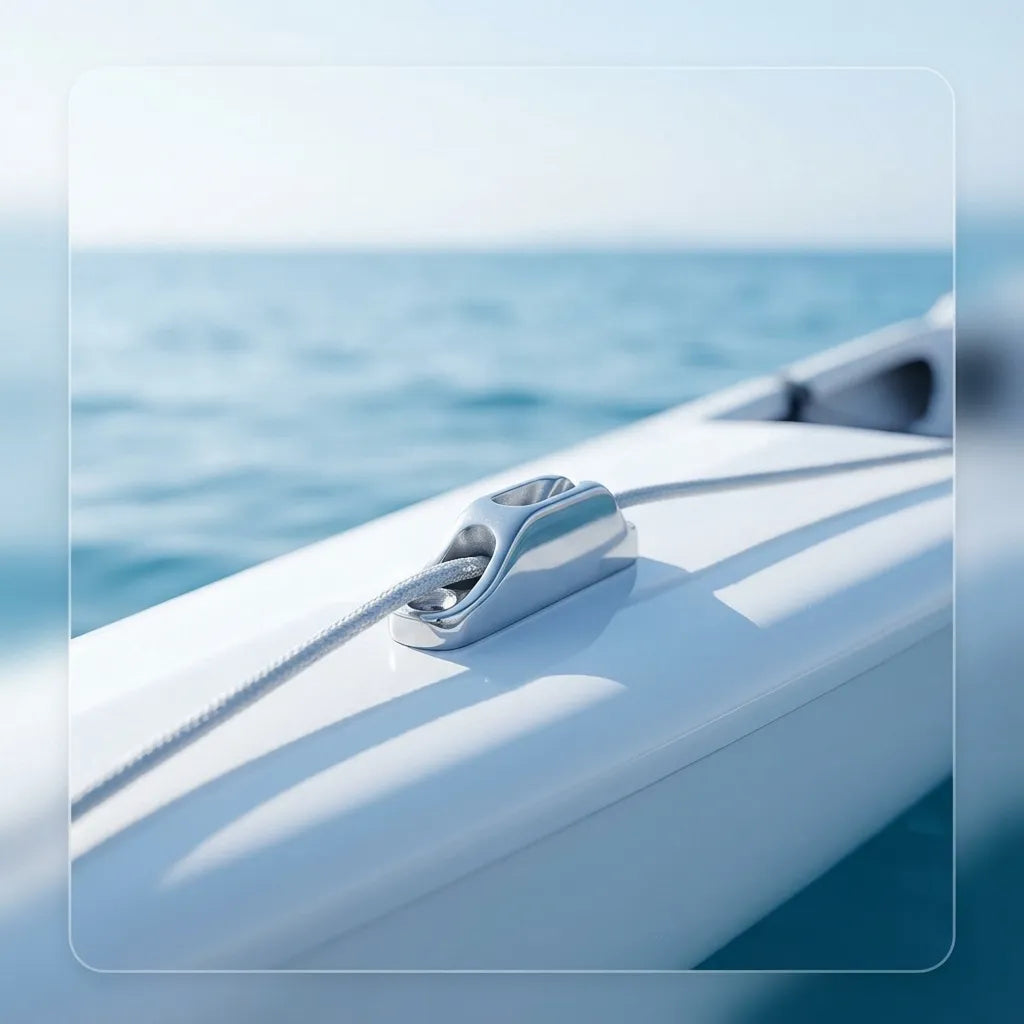 Close-up shot of the stainless steel clam cleat mounted on a white boat deck with a rope passing through it against a bright blue ocean background.