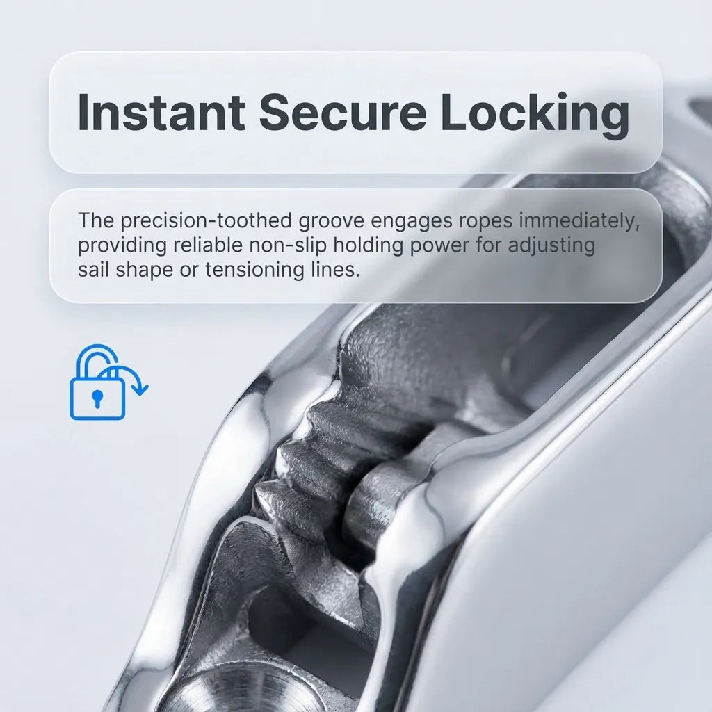 Macro view of the precision-toothed groove inside the cleat, explaining the instant secure locking mechanism for tensioning boat lines.