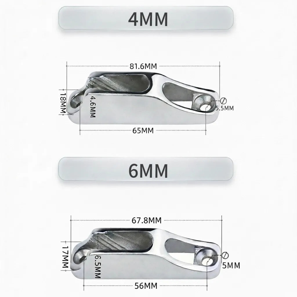 Technical dimension schematic showing sizing for 4mm and 6mm rope variants, including length, height, and mounting hole diameters.
