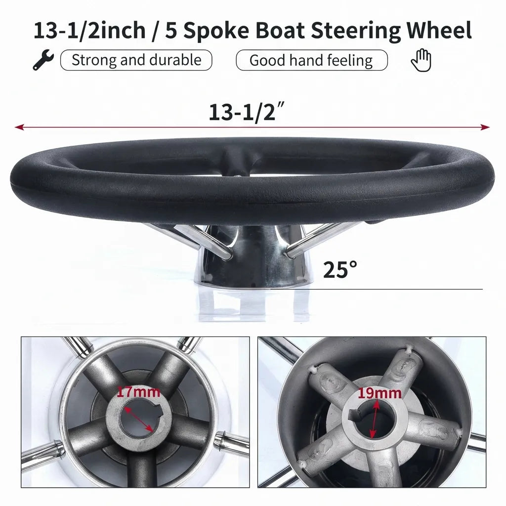 Technical diagram showing 13-1/2 inch diameter, 25 degree dish angle, and 17mm to 19mm universal tapered shaft bore dimensions.