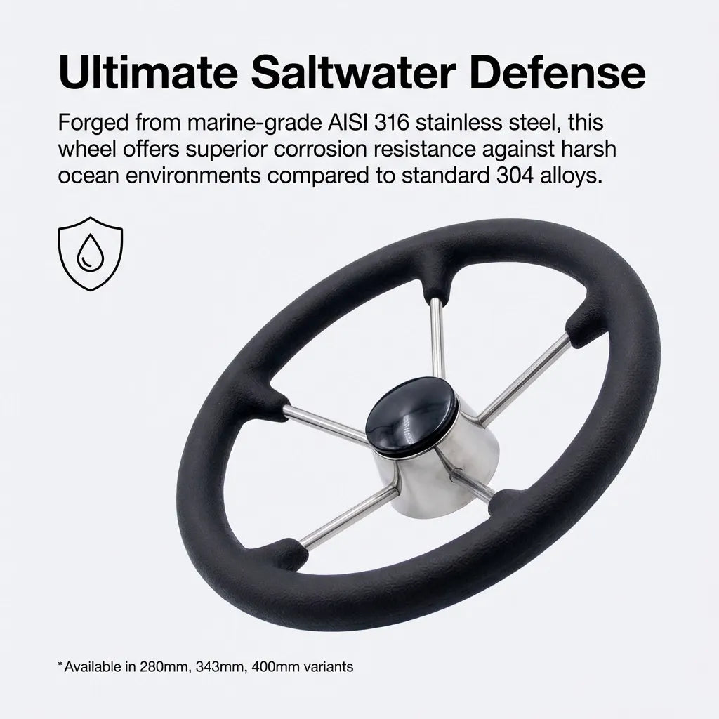 Detail view of the mirror-polished 316 stainless steel spokes highlighting ultimate saltwater defense and corrosion resistance.