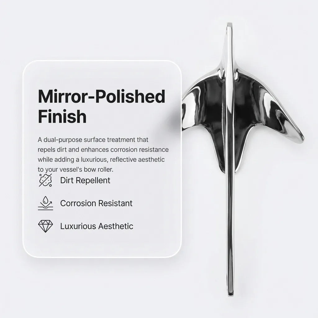 Overhead view of the anchor shank and flukes emphasizing the hand-polished mirror finish designed to repel dirt and enhance aesthetic bow roller presentation.