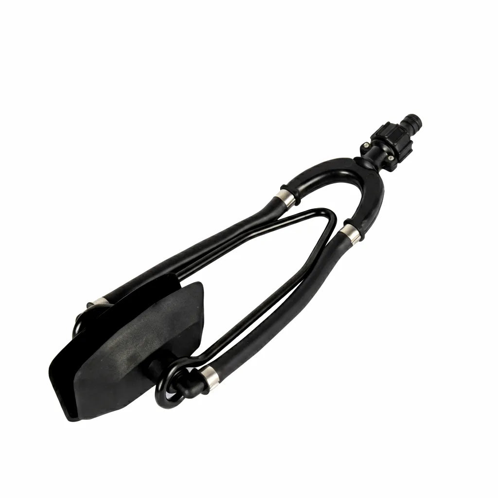 Outboard motor flusher with dual-feed design and heavy-duty spring frame on a white background.