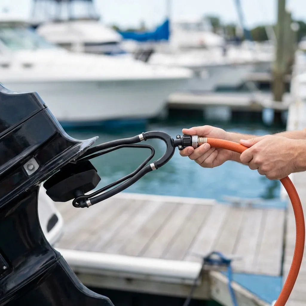 High-angle view of the motor flusher clamped onto a black outboard engine cooling intake for maintenance.