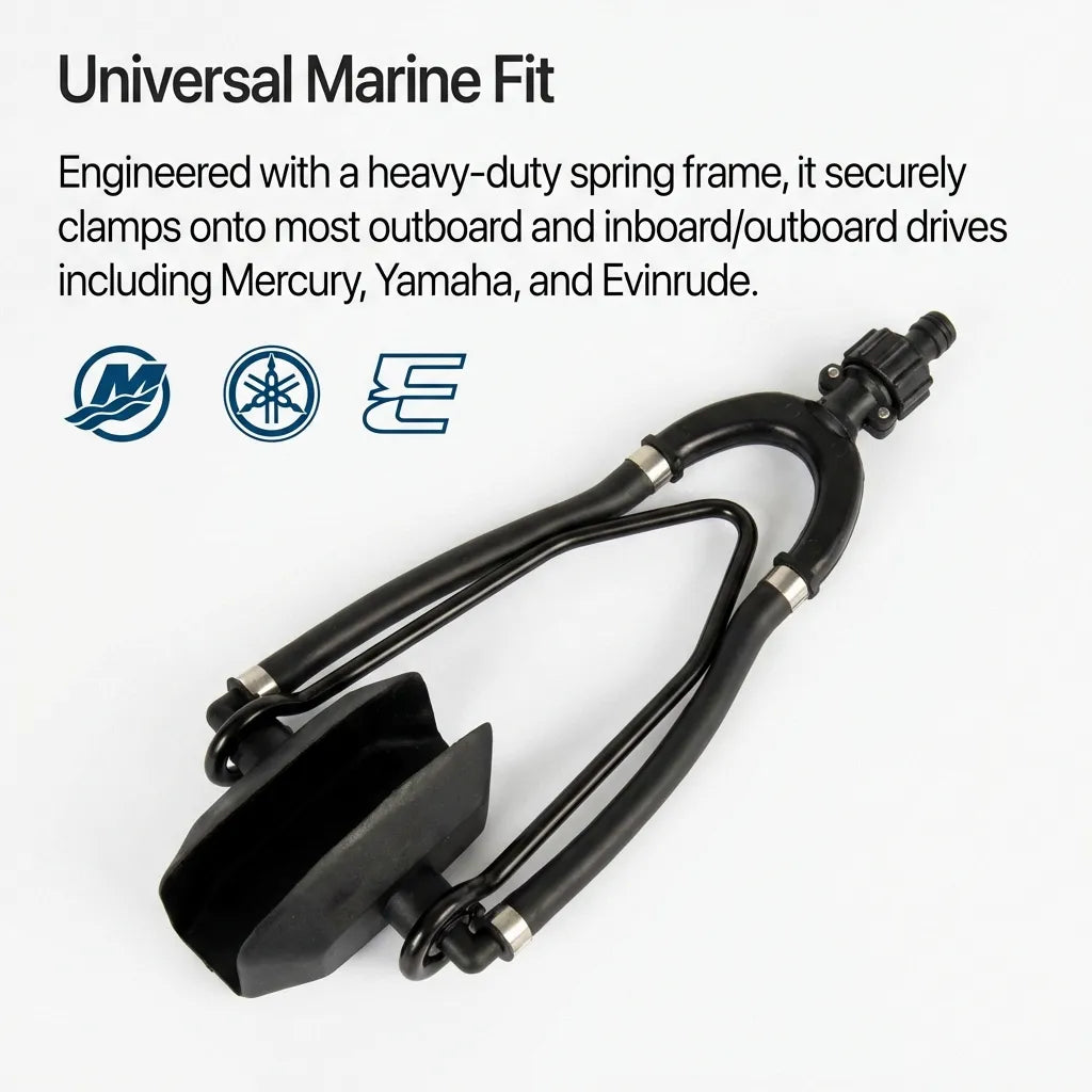 Compatibility chart featuring Mercury, Yamaha, and Evinrude logos for universal marine engine fitment.