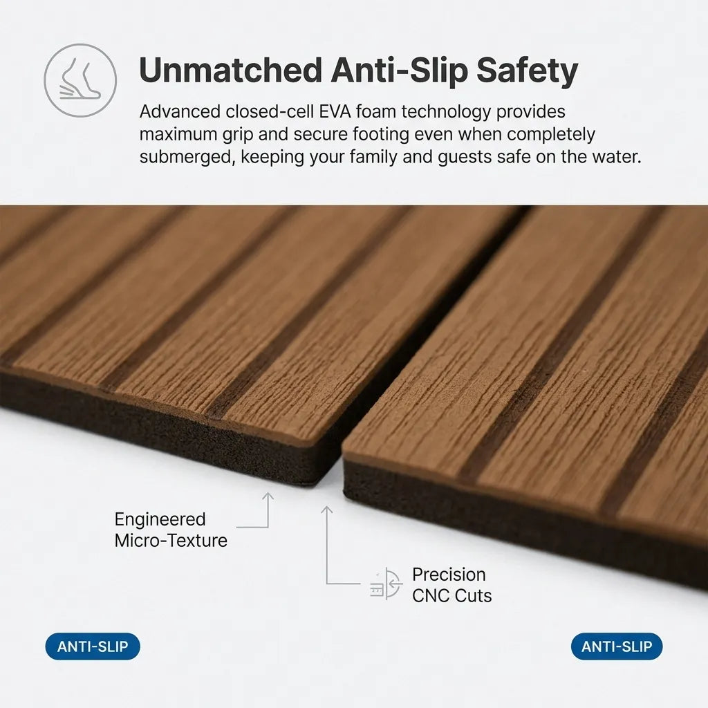 Close-up macro shot showcasing the 6mm dual-layer closed-cell EVA foam with brushed faux teak micro-texture and precision CNC cuts.