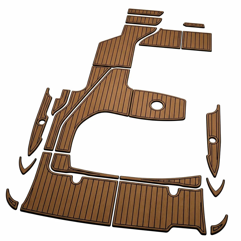 Complete multi-piece brown and black faux teak EVA foam decking kit for 2010 Sea Ray Sundancer 330 swim platform and cockpit, laid out on a pure white background.