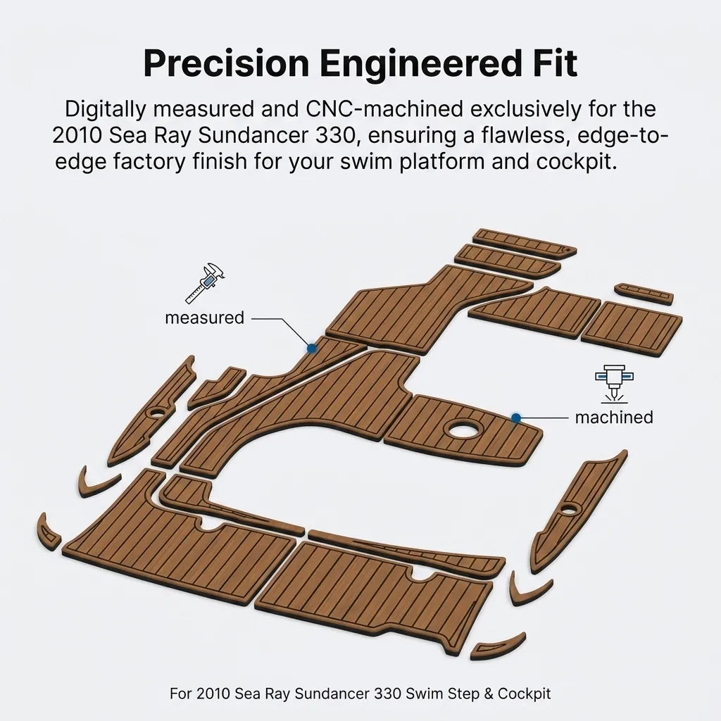 Fitment diagram showing CNC-machined and digitally measured dimensions for the swim step and cockpit of a 2010 Sea Ray Sundancer 330.