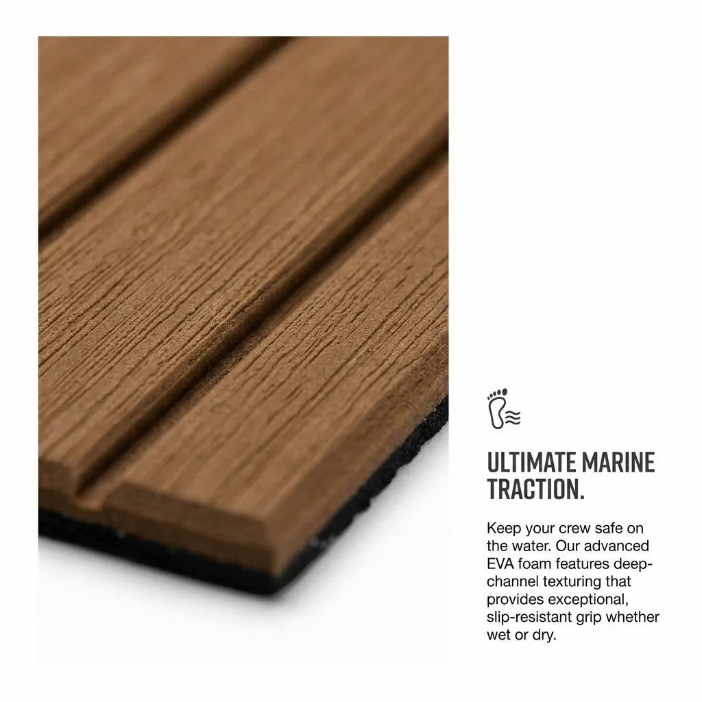 Extreme close-up of the deep-channel wood grain textured EVA foam decking showing slip-resistant brushed surface structure.