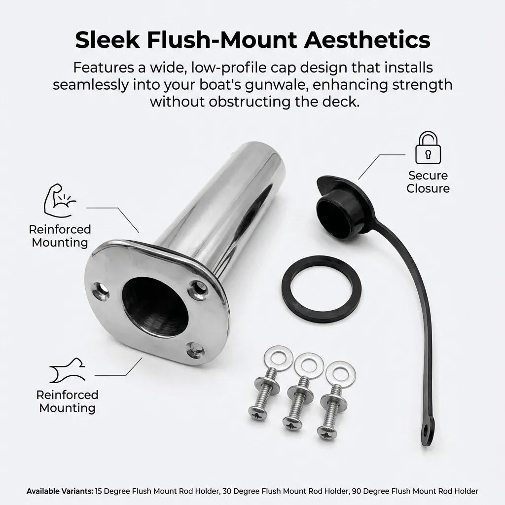 Exploded view showing the rod holder tube, rubber gasket, secure closure cap, and mounting screws with washers.