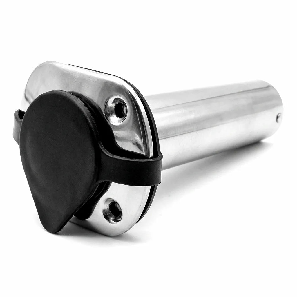 Main hero shot of a 316 marine-grade stainless steel flush mount fishing rod holder with black UV-stabilized protective cap on a white background.