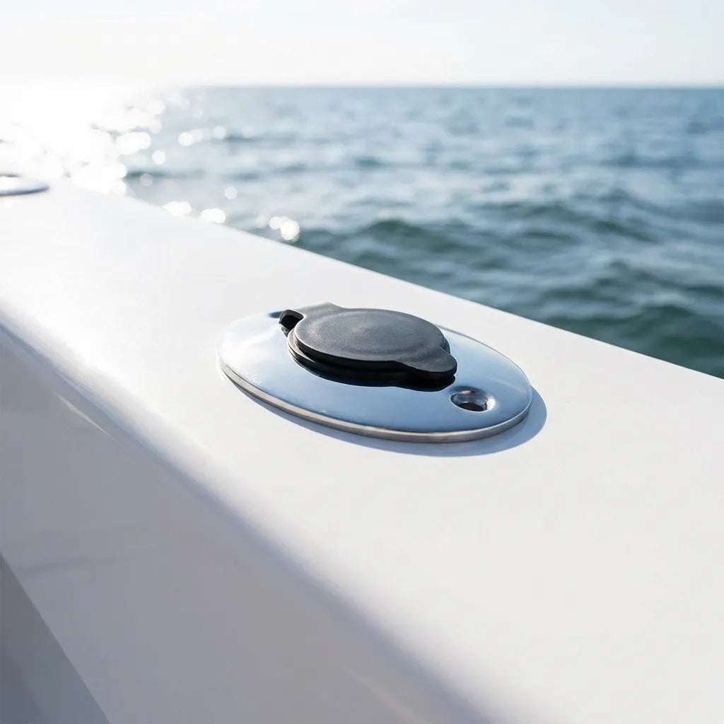 Lifestyle view of the flush-mount rod holder installed into a white boat gunwale overlooking the ocean, demonstrating low-profile aesthetics.