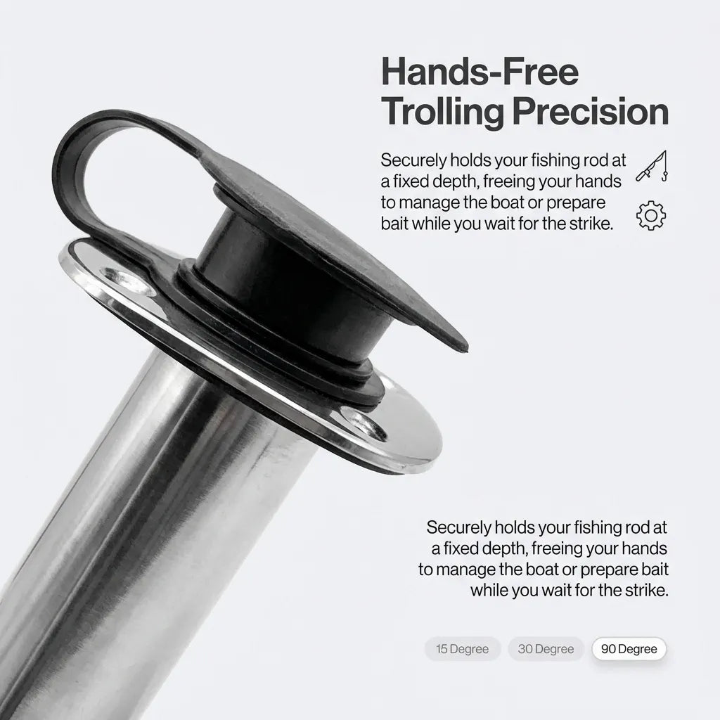 Infographic highlighting hands-free trolling precision and the availability of 15, 30, and 90 degree mounting angles.
