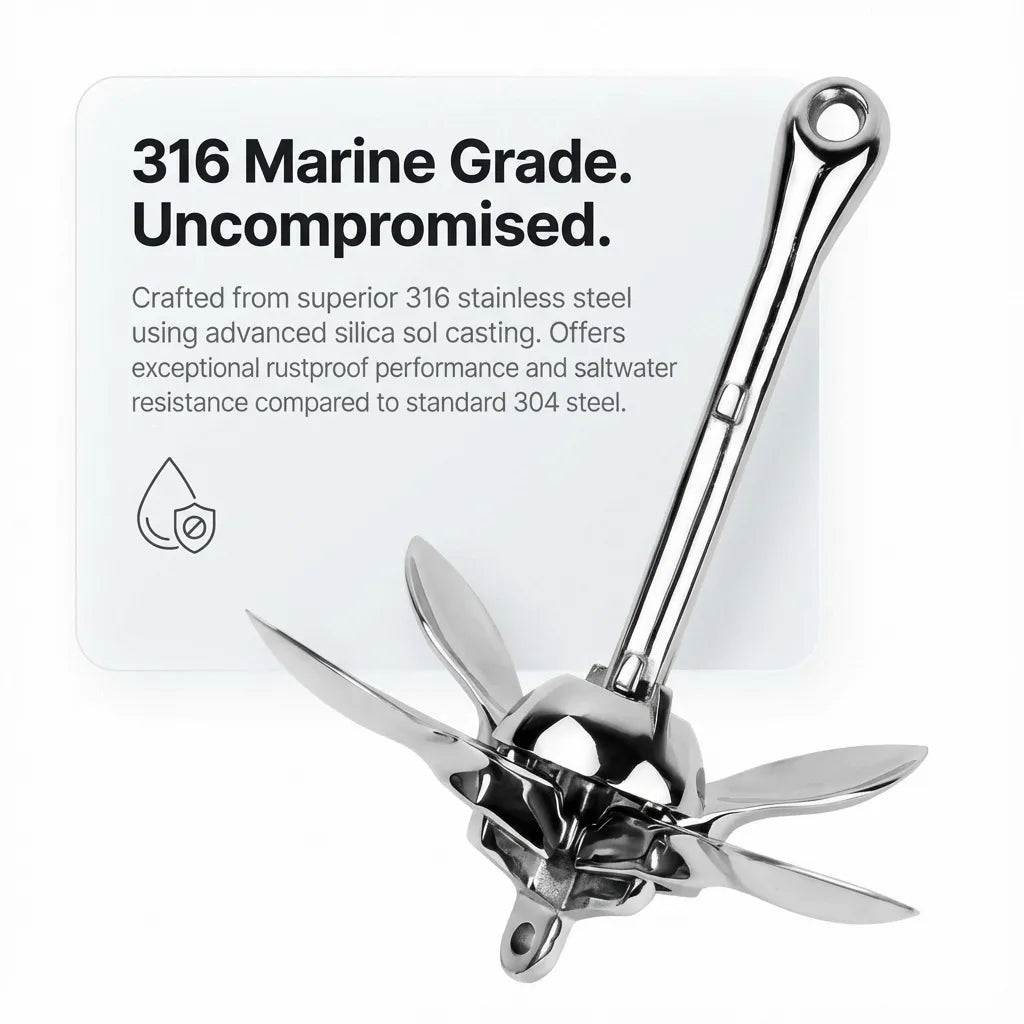 Close-up detail of the 316 marine grade stainless steel construction with text highlighting silica sol casting for superior rustproof performance.