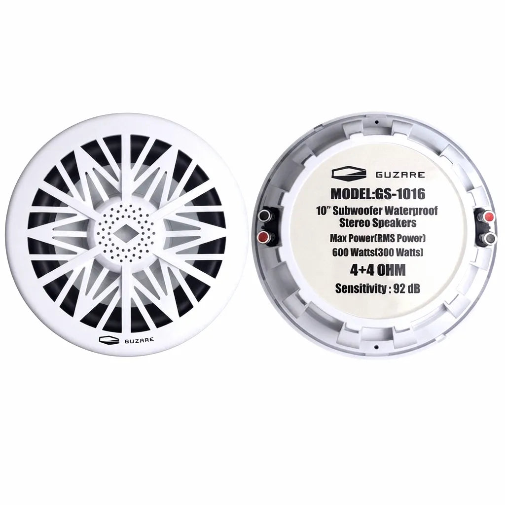 Front and rear views of the Guzare GS-1016 10 inch waterproof marine subwoofer featuring a durable white grill and high conductivity terminal connections.