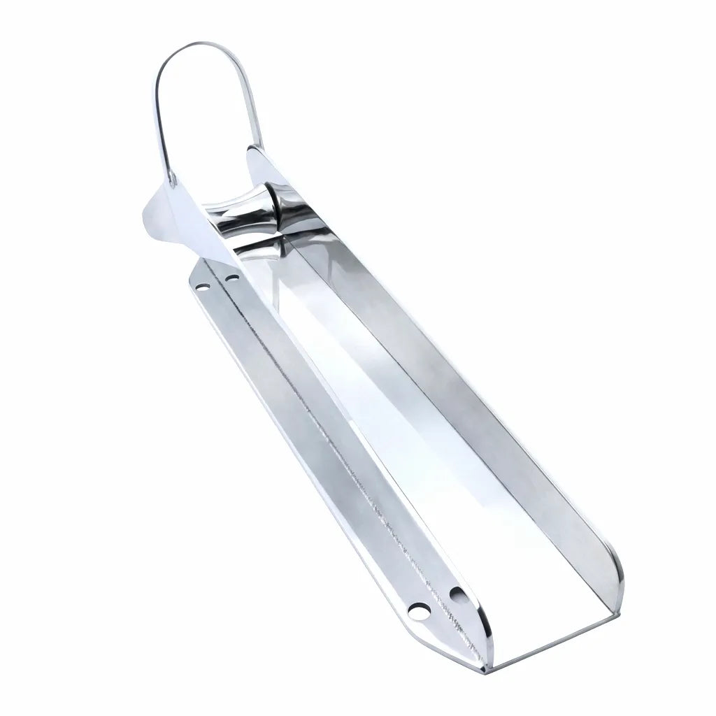 High-angle shot of a mirror-polished 316 stainless steel anchor bow roller for marine vessels on a white background.