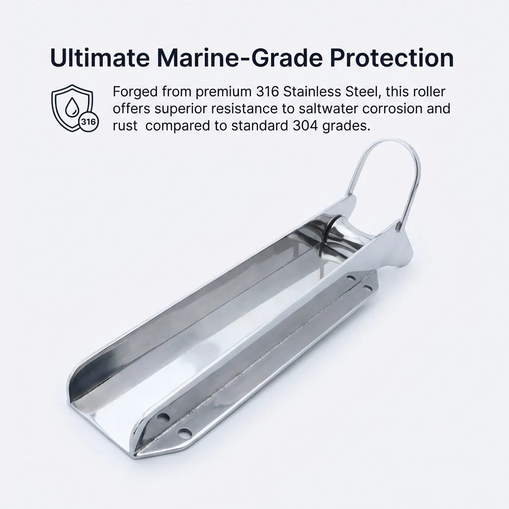 Infographic highlighting 316 stainless steel construction providing superior saltwater corrosion resistance over 304 grade.