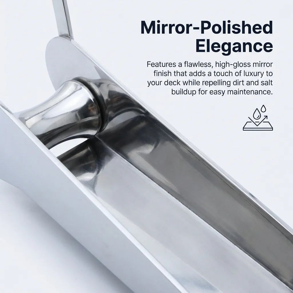 Macro view of the high-gloss mirror polish on the stainless steel surface, designed for low maintenance and salt repellency.
