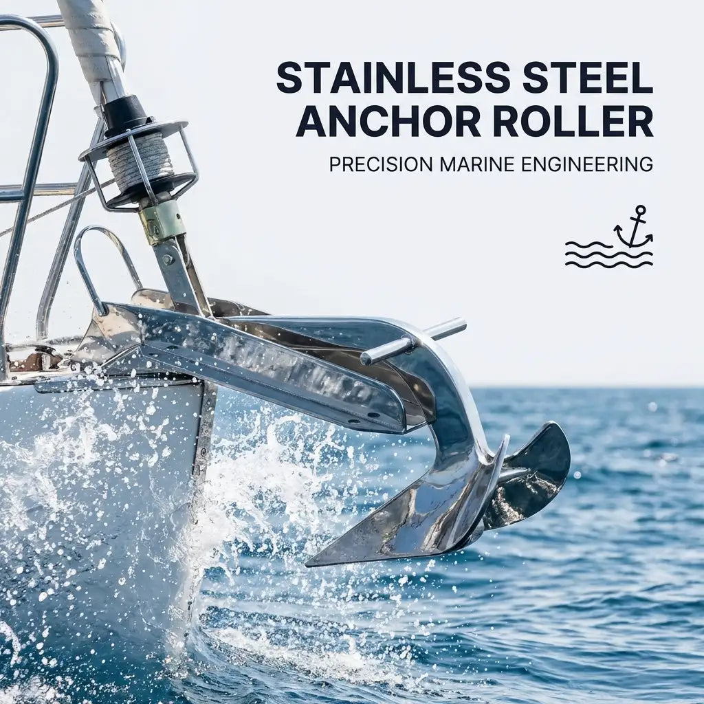 Marine anchor roller mounted on a sailboat bow cutting through ocean waves, demonstrating durability in active conditions.