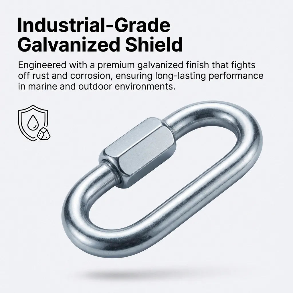 Infographic explaining the Industrial-Grade Galvanized Shield engineered to fight off rust and corrosion in marine and outdoor environments.