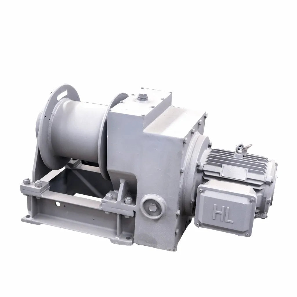 High-Power Electric-Pneumatic Marine Winch for Gangways on white background, showing robust cast steel construction and integrated motor.