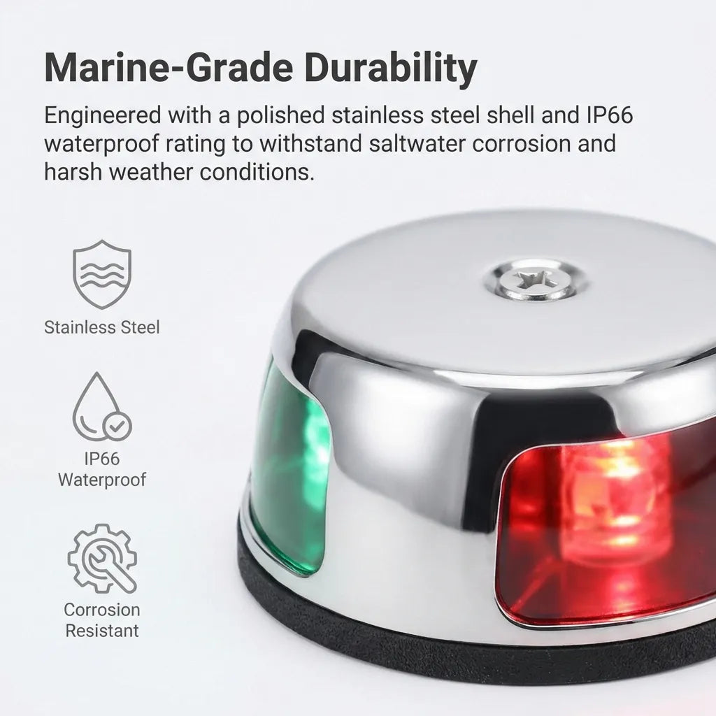 Infographic detailing marine-grade durability including IP66 waterproof rating and corrosion-resistant polished stainless steel shell.