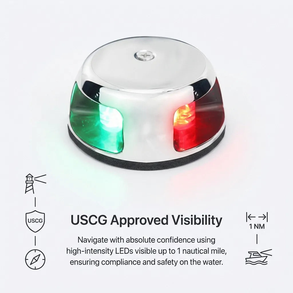 Technical infographic highlighting USCG approved visibility up to 1 nautical mile using high-intensity LEDs for maritime safety.