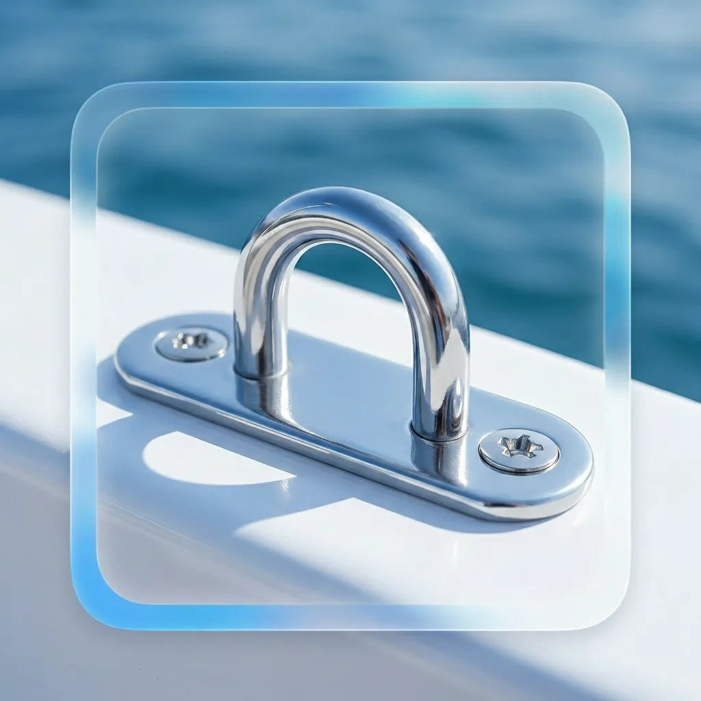 Close-up macro shot of the stainless steel eye plate showing the high-reflectivity mirror polish and clean countersunk screw holes.