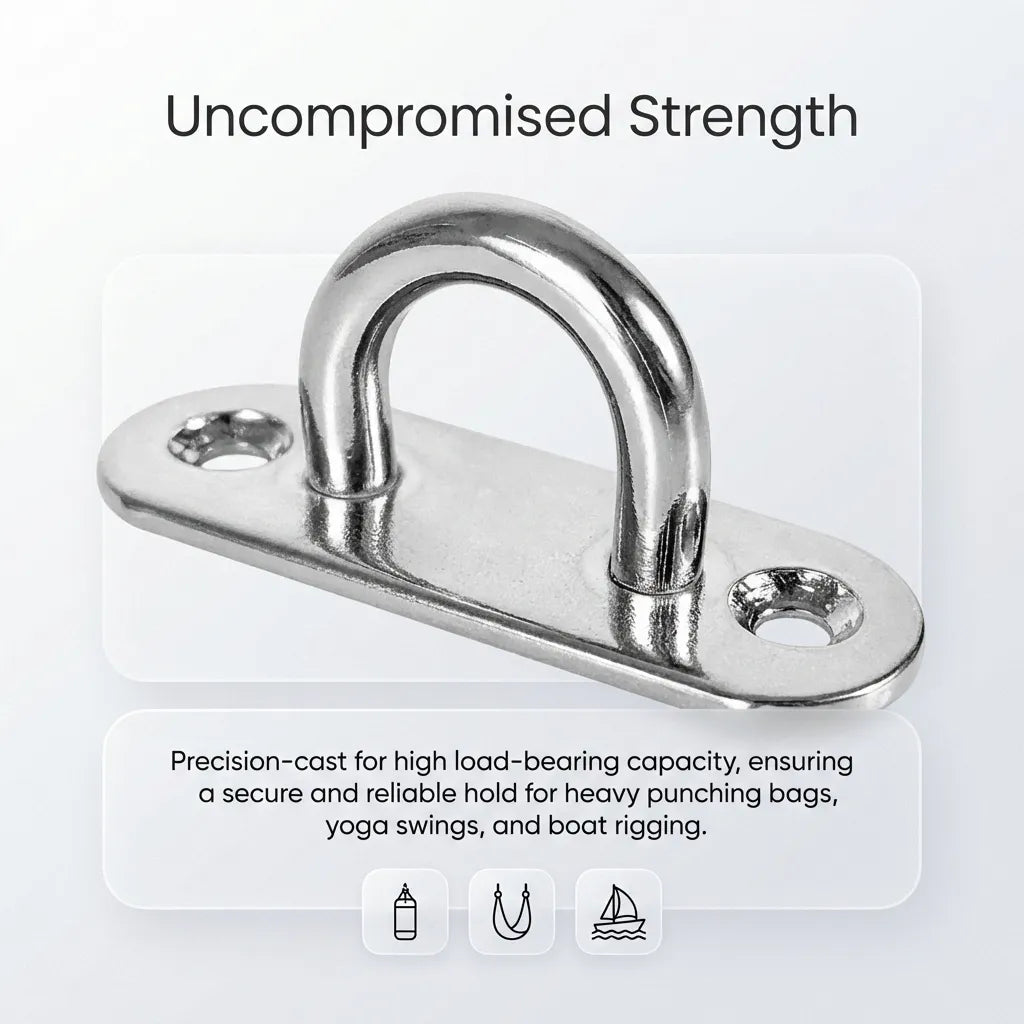 Infographic showing the eye plate with icons for punching bags, yoga swings, and boat rigging to highlight its uncompromised strength and load capacity.