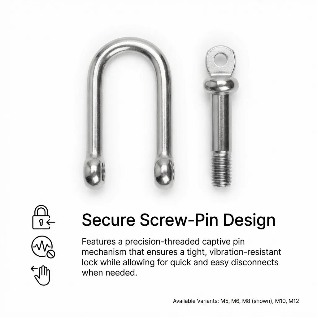 Detail view of the secure screw-pin design and precision-threaded mechanism of the stainless steel shackle.
