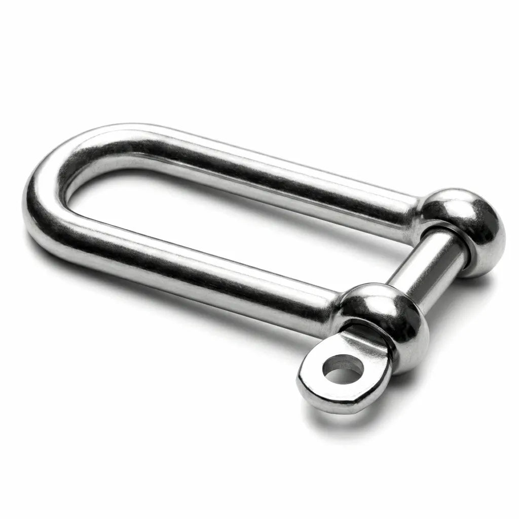 High-polish 316 marine-grade stainless steel long D shackle with precision-threaded screw pin against a white background.