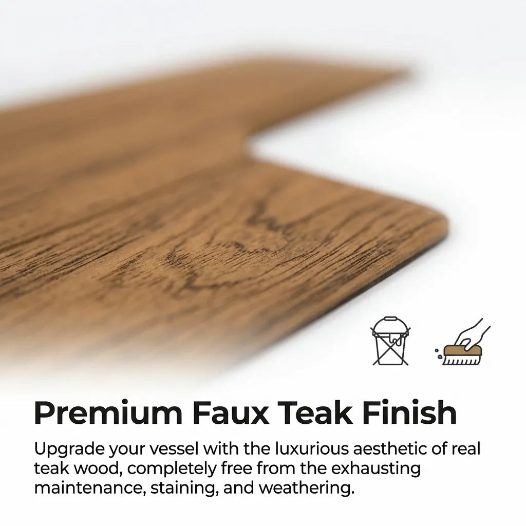 Close-up macro shot displaying the brushed wood-grain texture of the dual-layer marine EVA foam decking highlighting water-resistant features.