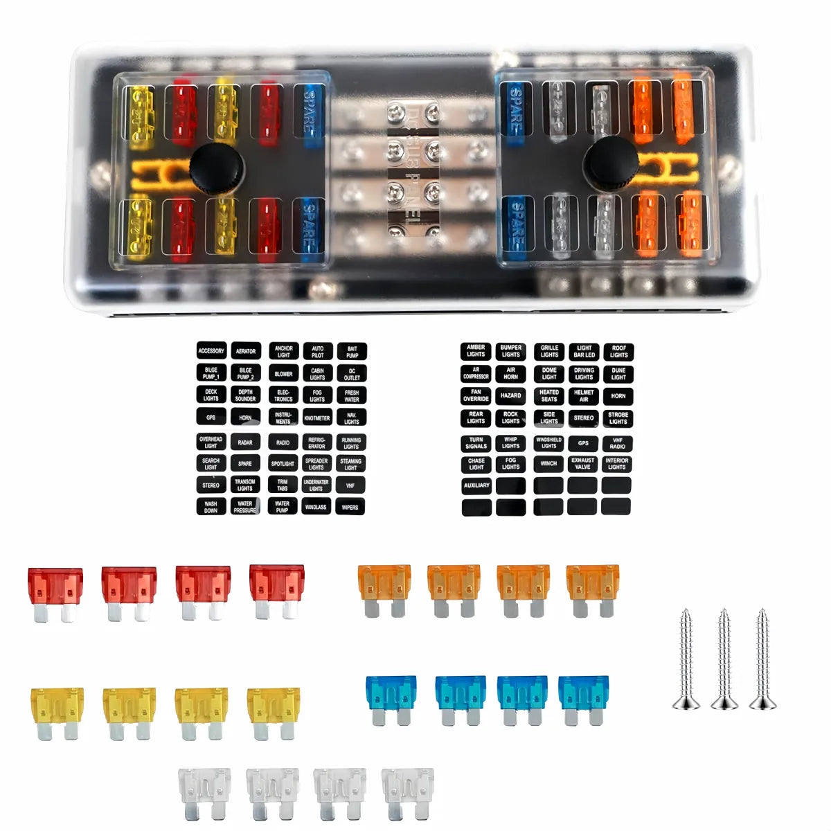 Marine 16-Circuit Fuse Box with Transparent Cover, Assorted ATO/ATC Fuses, Label Stickers, and Mounting Screws