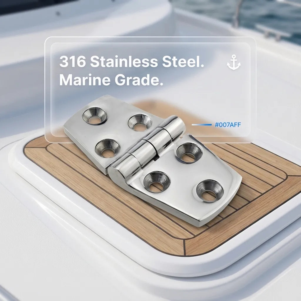 The mirror-polished 316 stainless steel hinge installed on a white fiberglass boat deck hatch with wood inlay.