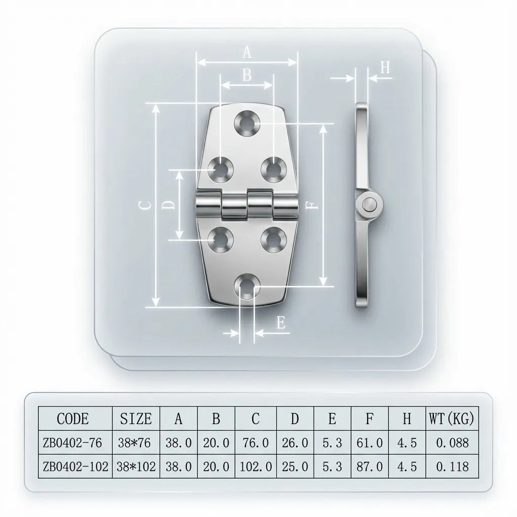 Technical dimension chart for models ZB0402-76 and ZB0402-102 showing precise measurements for mounting holes and plate width.