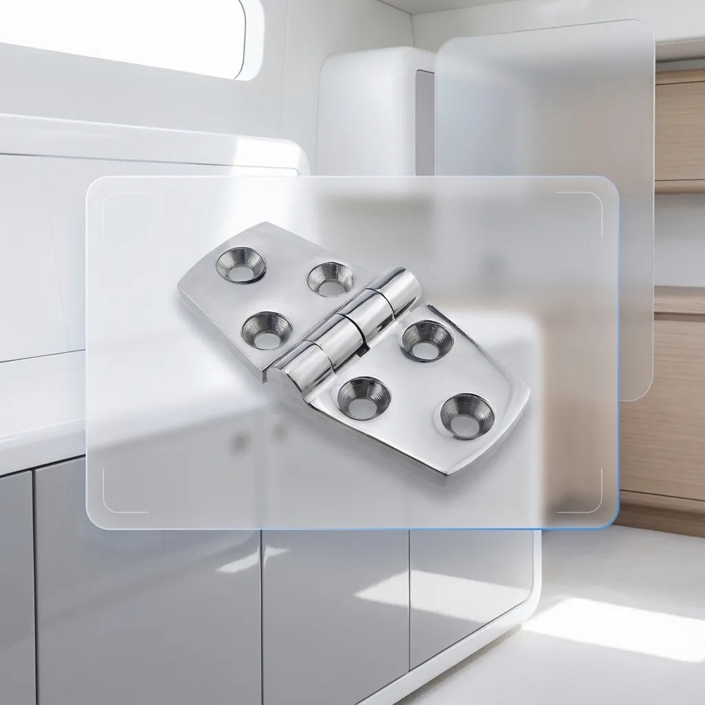 Modern yacht interior showing the stainless steel hinge applied to high-gloss grey cabinetry for a premium marine finish.