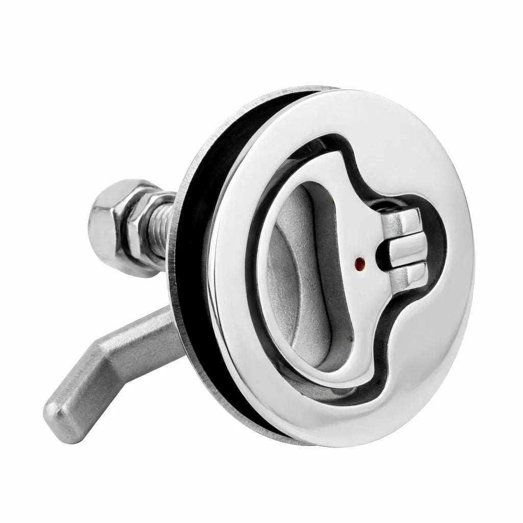 316 Marine Grade Stainless Steel Turning Lock Latch for boat hatches, featuring a mirror-polished finish on a pure white background.