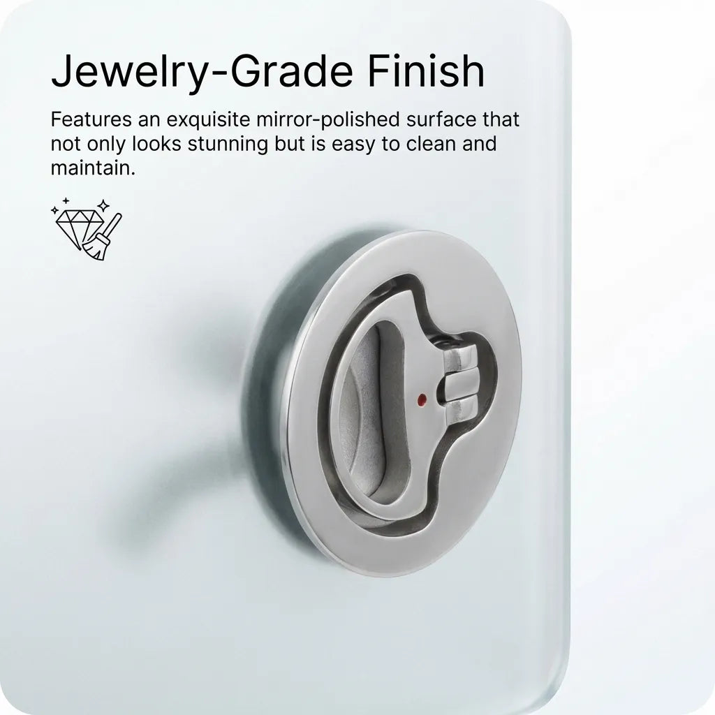 Close-up of the jewelry-grade mirror-polished surface of the latch, highlighting ease of cleaning and reflective quality.