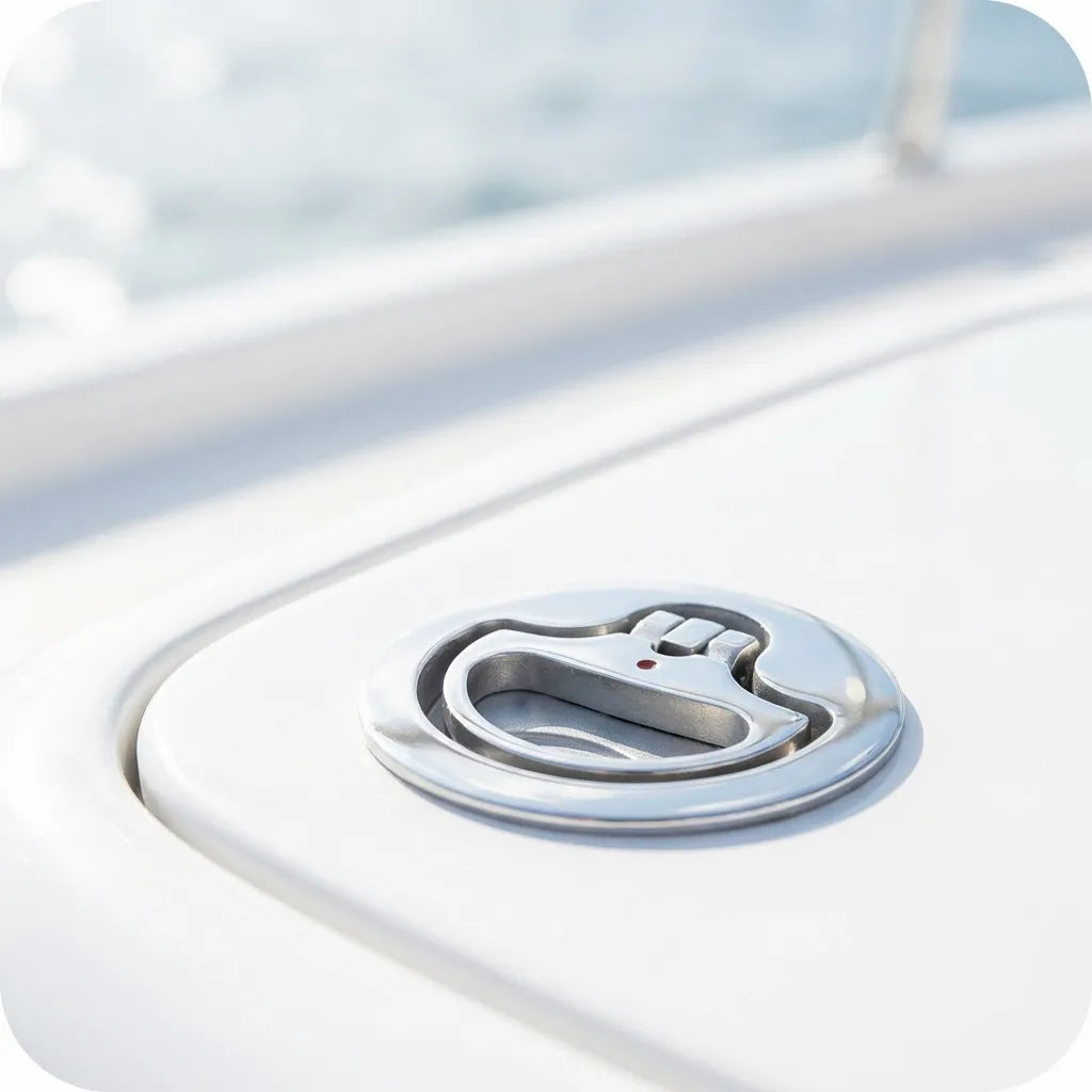 Close-up installation view of the flush-mount turning lock on a white fiberglass yacht deck, demonstrating its low-profile safety design.