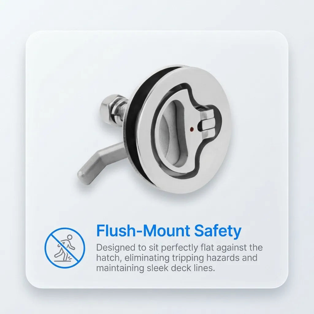 Safety graphic demonstrating the flush-mount design of the boat latch intended to eliminate tripping hazards on deck.