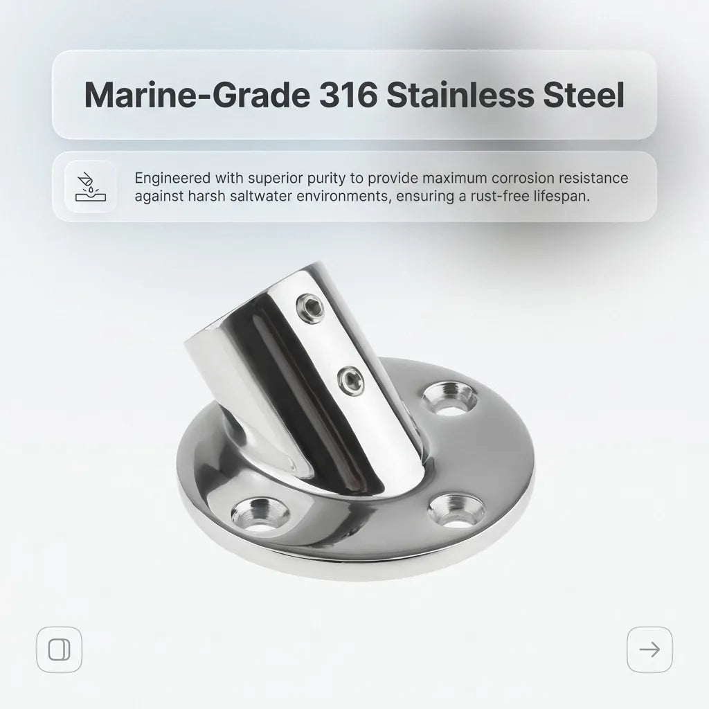 Infographic explaining the properties of marine-grade 316 stainless steel providing maximum corrosion resistance in saltwater environments.
