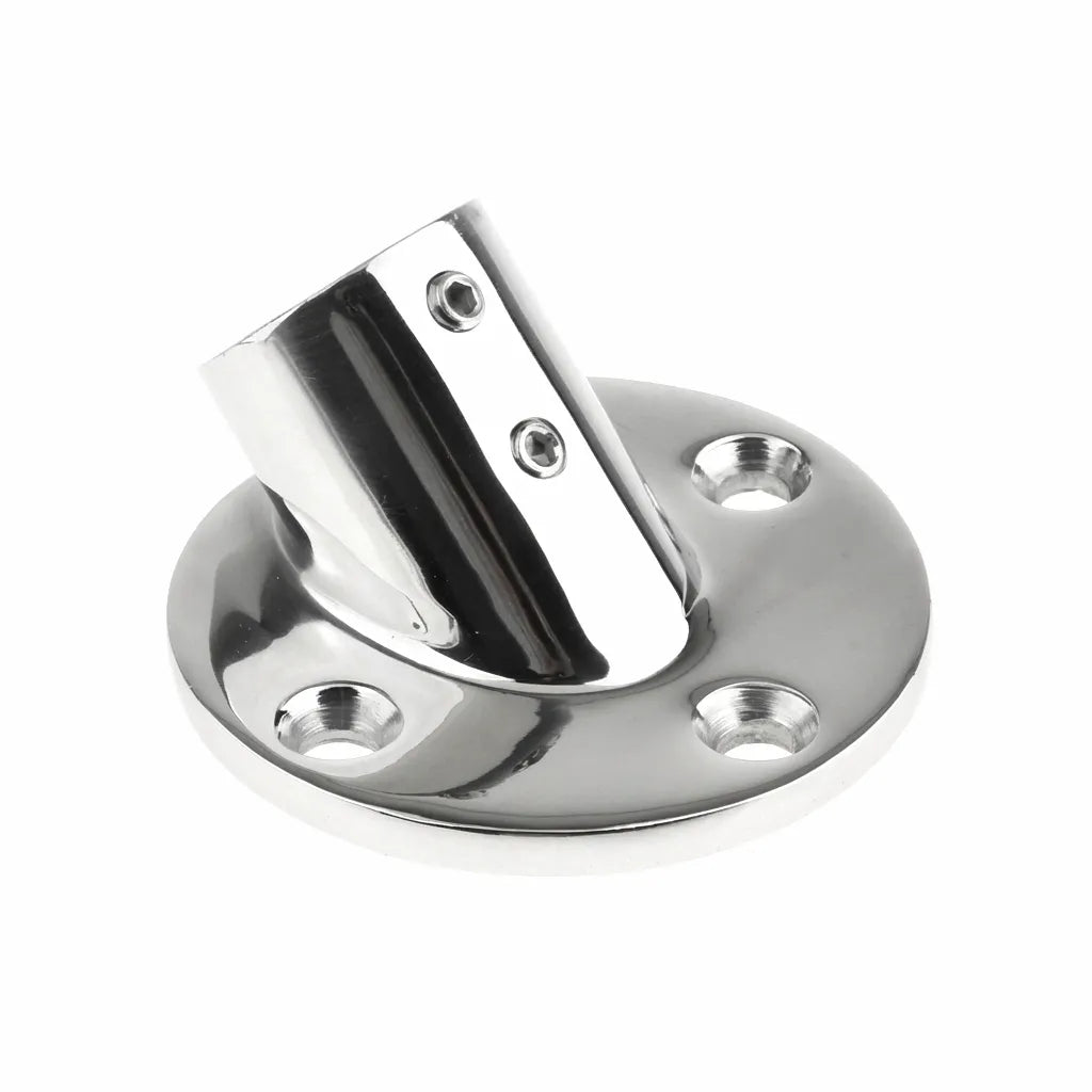 Hero shot of a 60-degree marine handrail fitting made of mirror-polished 316 stainless steel for boat decks, shown on a pure white background.
