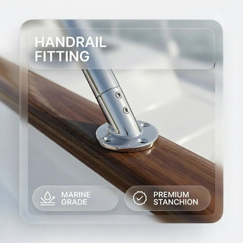 Lifestyle view of the handrail fitting installed on a wooden yacht railing, highlighting the premium stanchion quality and marine-grade durability.
