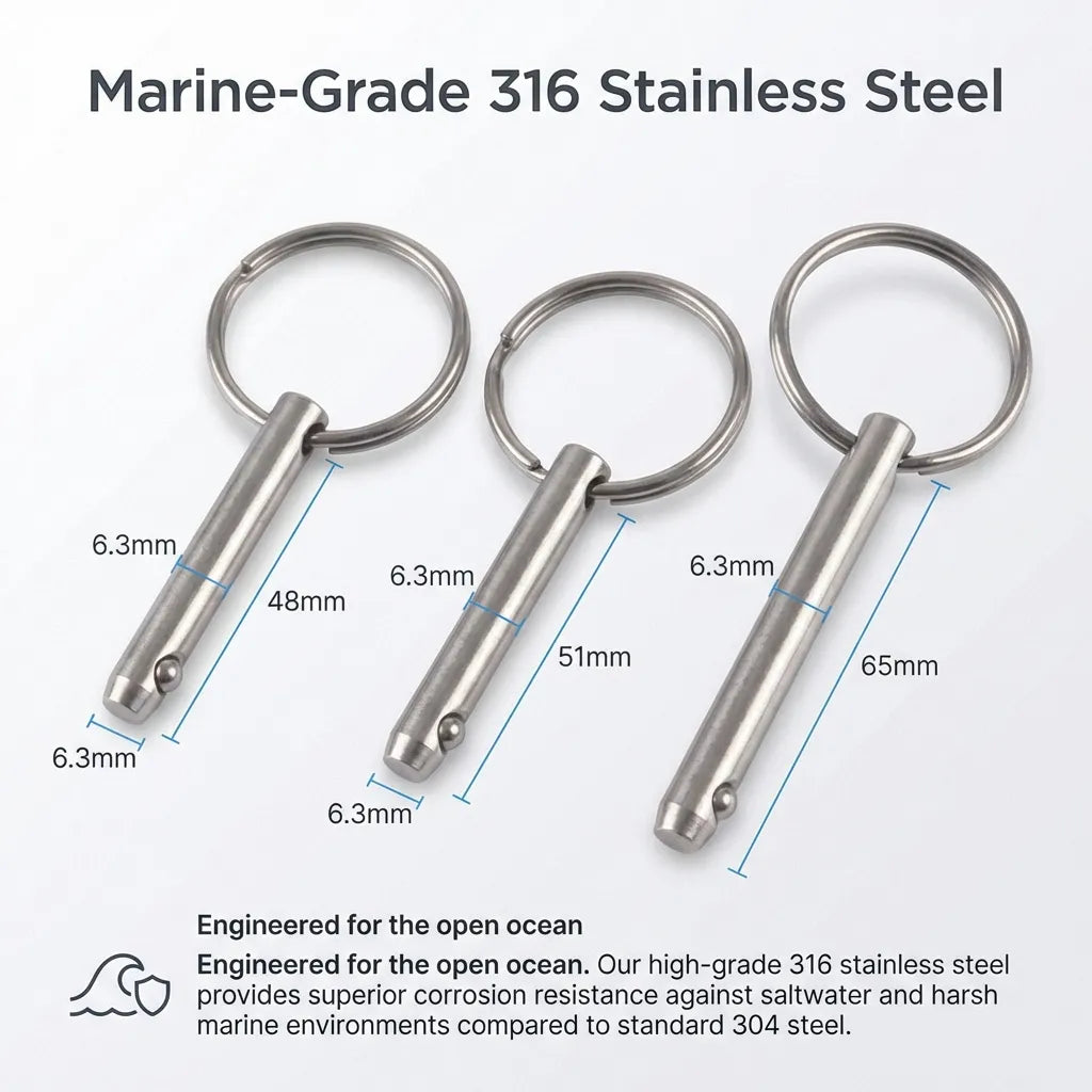 Infographic showing three sizes of 316 stainless steel pins: 48mm, 51mm, and 65mm lengths, all with a 6.3mm diameter, highlighting saltwater corrosion resistance.