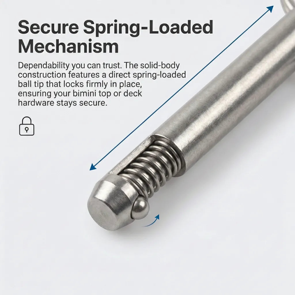 Macro view of the internal spring-loaded ball mechanism of the quick release pin, detailing the precision engineering and solid-body construction.