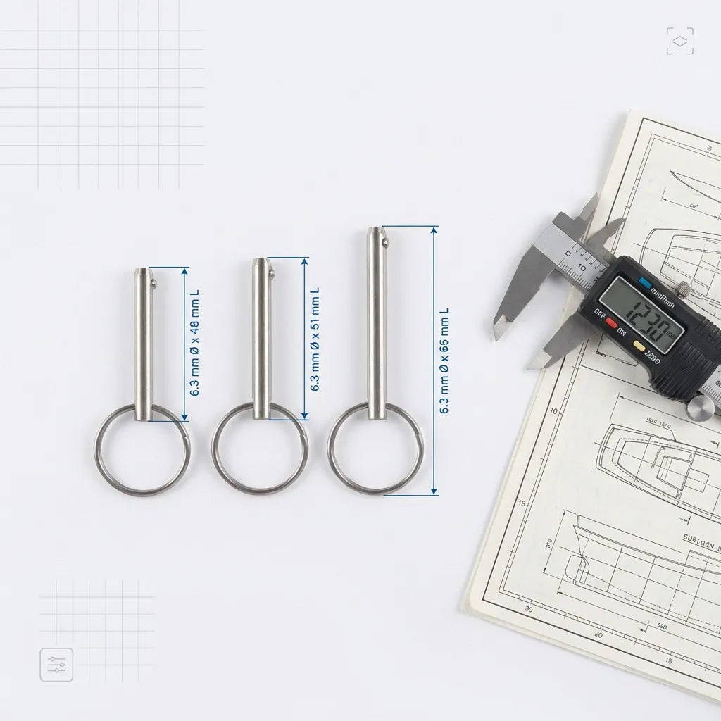 Top-down view of marine pins next to a digital caliper and nautical blueprints, emphasizing manufacturing precision and engineering standards.