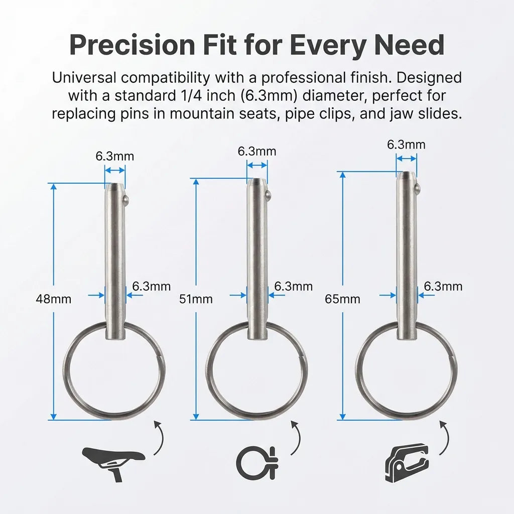 Technical diagram showing the 1/4 inch diameter compatibility for mountain seats, pipe clips, and marine jaw slides.