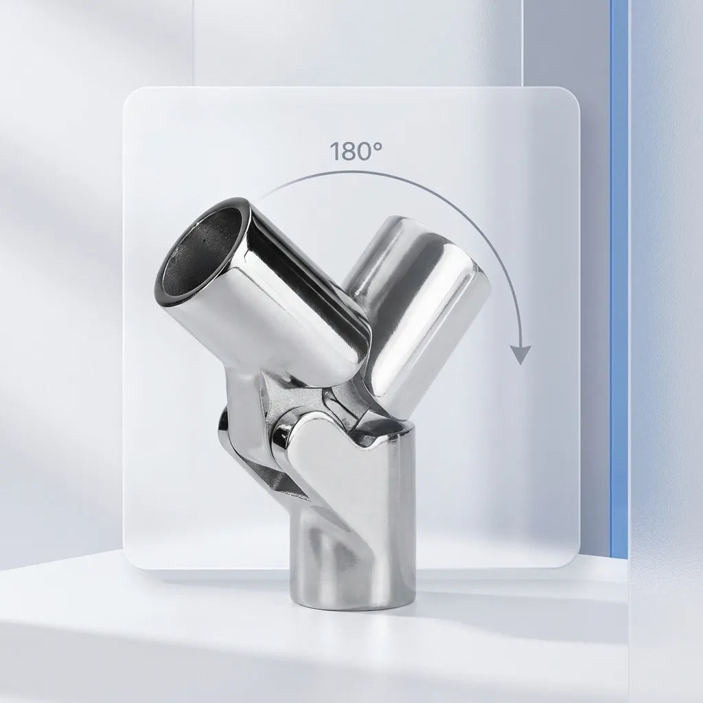 Close-up of the marine swivel joint demonstrating its full 180-degree articulation range for folding bimini tops.