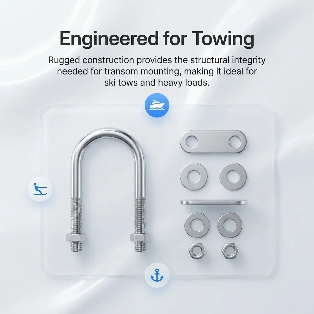 Graphic showing the U-bolt assembly and describing its rugged construction for heavy loads and ski tow applications.